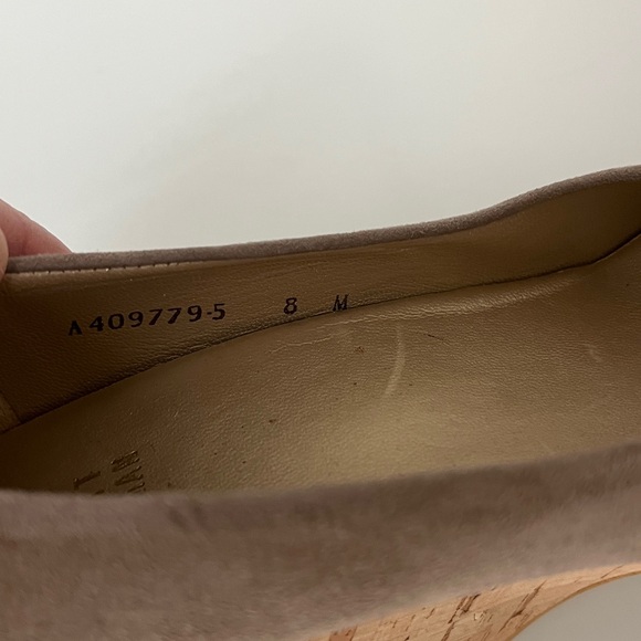 Stuart Weitzman Anna Peep Toe Suede Cork Wedge Heels in Beige Tan 8 - Picture 9 of 10